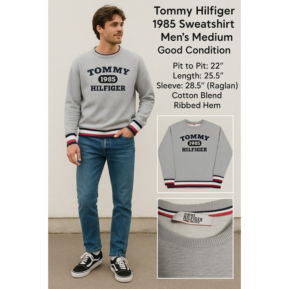Tommy Hilfiger Denim 1985 Crewneck Sweatshirt Gray Size S/M Logo Pullover USA